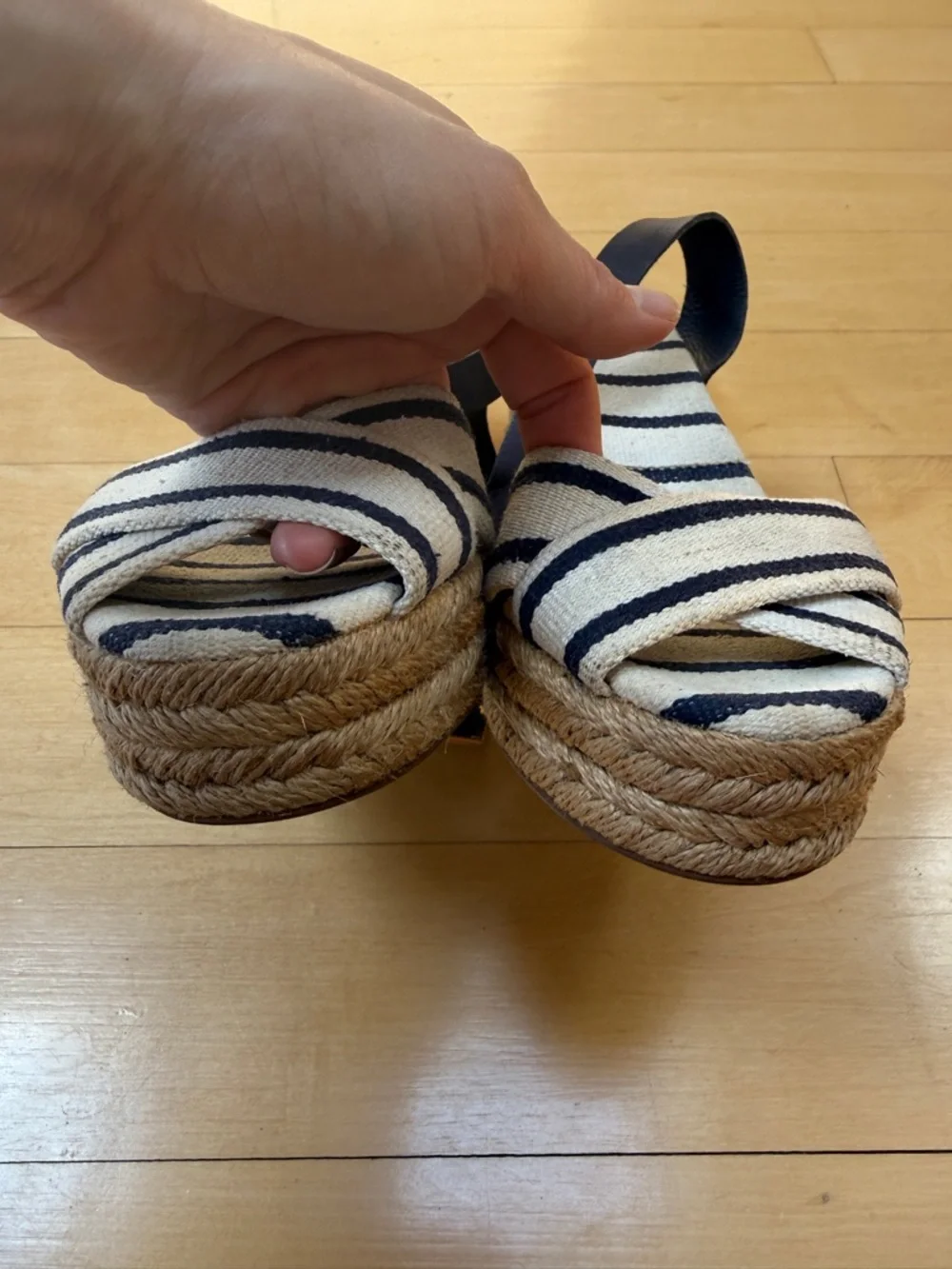 Tory Burch Striped Canvas Karissa Espadrille Wedge Sandal Ankle Strap Size 9